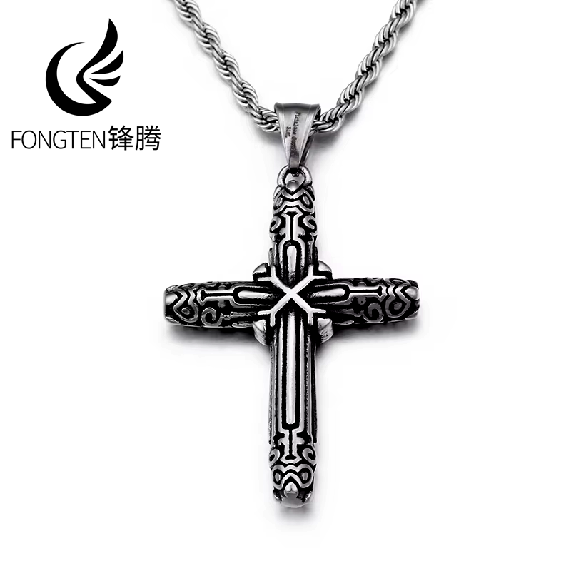 Men Accessories Singapore - Fongten Retro Cross Blessing Pendant Necklace