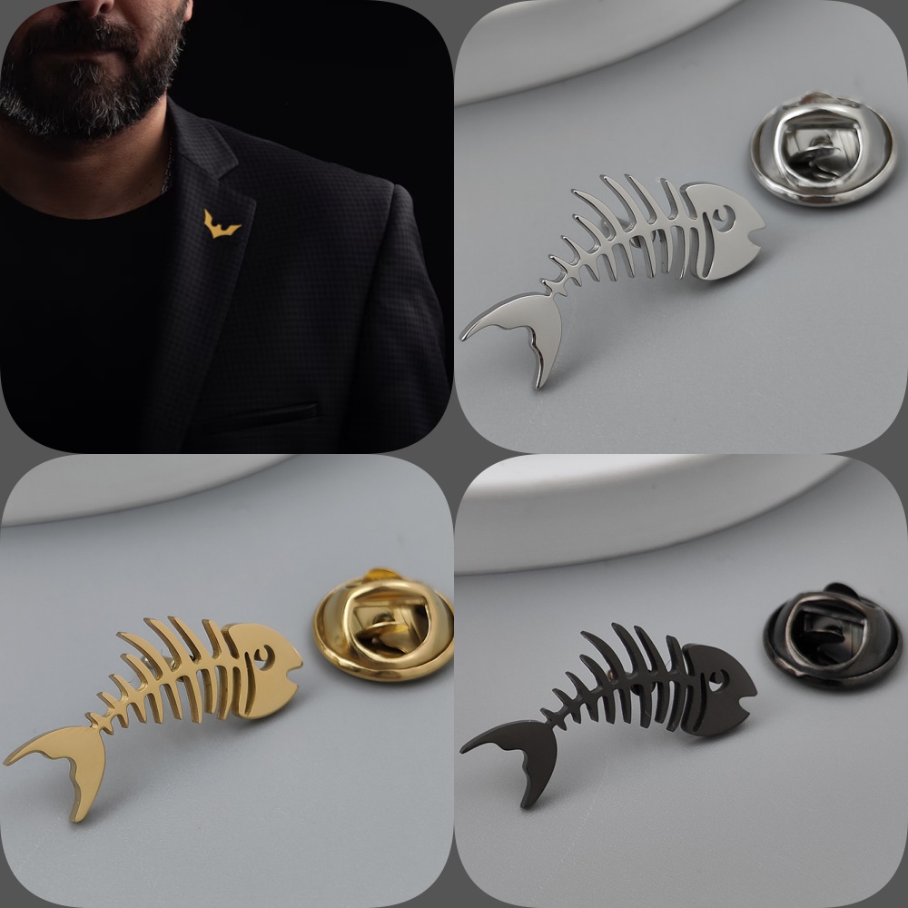 Men'S Accessories Gift Set Branded - Creative fish bone gold-plated badge, men's
