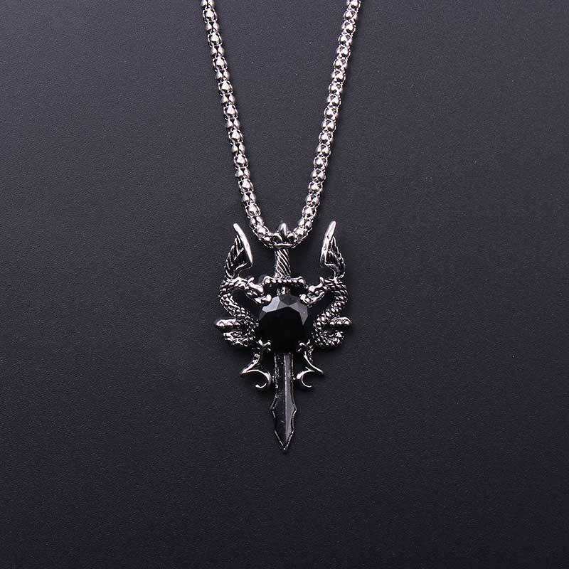 Men Accessories Jewelry - Double Dragon Black Gem Cross Necklace